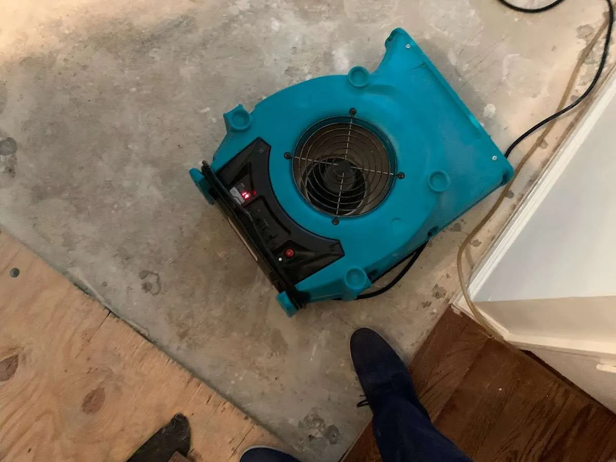 Air mover drying subfloor during Leak Detection & Repair in St. Michael